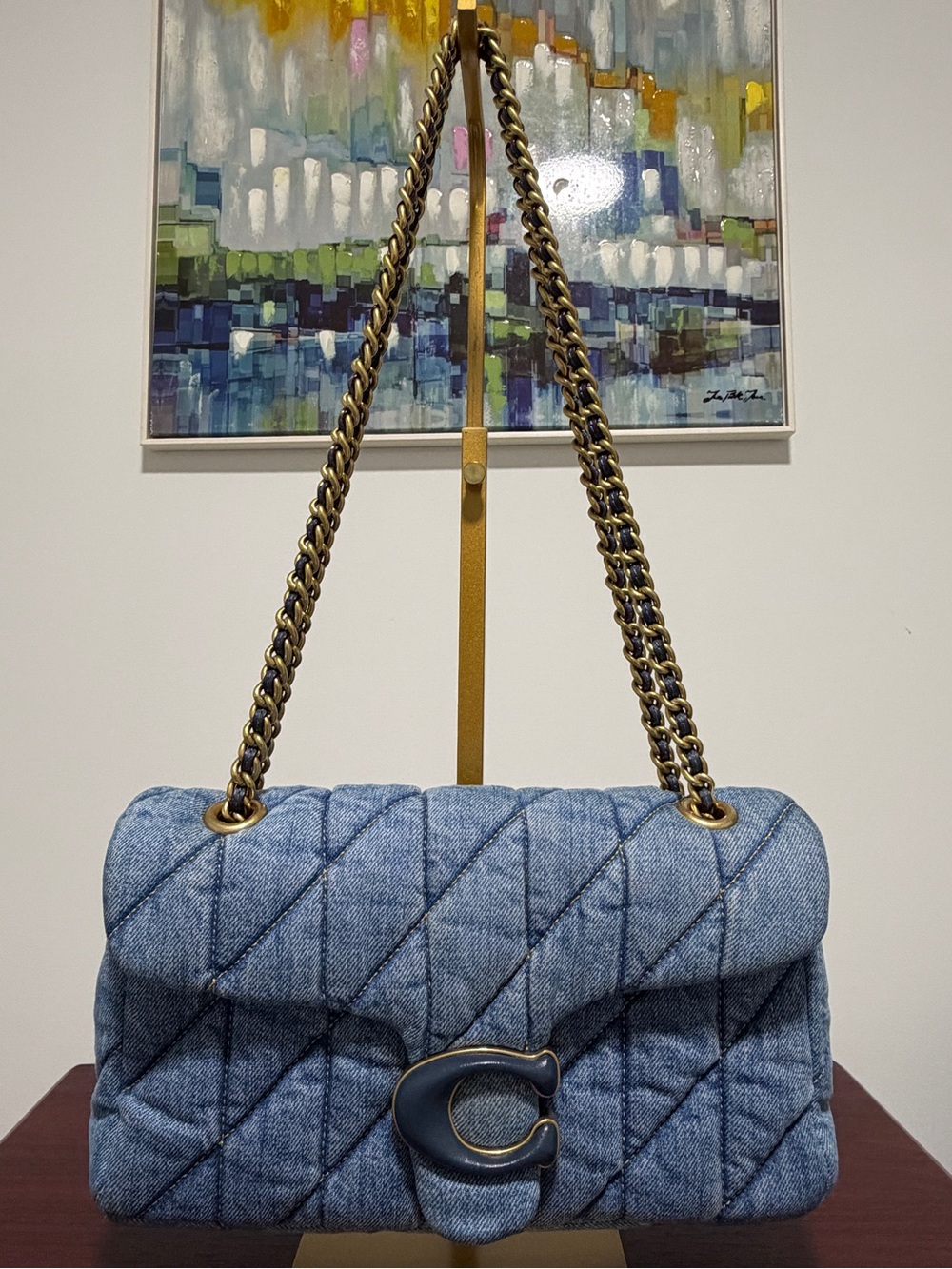 Coach Quilted Denim Shoulder Bag with Gold Chain and Dark Hardware - Blue - Picture 3 of 9